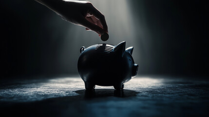 Businessman putting a coin in piggy bank on black background, closeup, business,money, golden