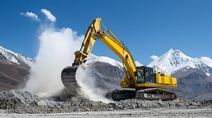 A large yellow excavator digging and breaking through a mineral rich rock layer causing a cloud of dust to rise up against a backdrop of snowy mountains and a clear blue sky
