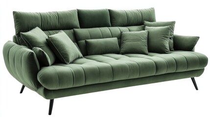 Modern green velvet sofa, studio shot, comfortable seating, neutral background