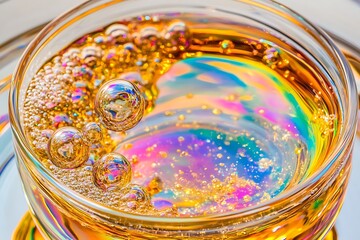 Vibrant Golden Liquid Bubbles in Glass
