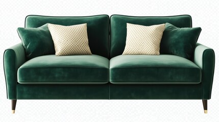 Emerald green velvet sofa with patterned cushions, interior design