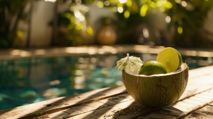 view of young coconut on the beach decorated with sunlight and clouds