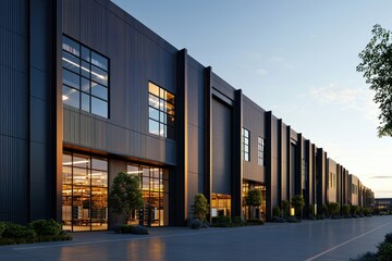 Fototapeta premium Modern industrial building with large glass windows and sleek design, surrounded by greenery under a clear sky during sunset.
