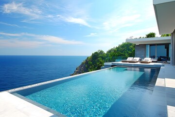Fototapeta premium Luxurious villa with floor-to-ceiling windows offering breathtaking ocean views