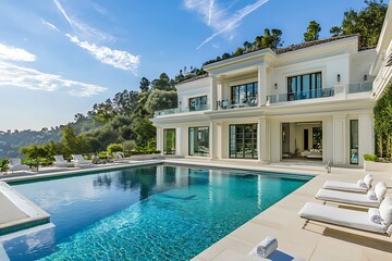 Fototapeta premium Luxurious white modern house with pool