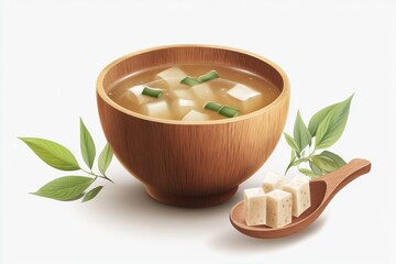 Delicious Miso Soup with Tofu and Green Onions in a Wooden Bowl