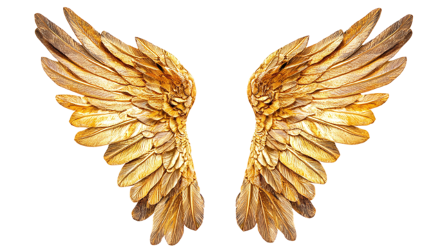 Set of golden wings cut out. Isolated on a transparent background.