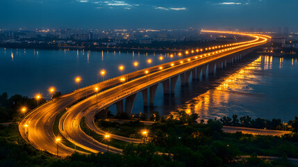 Serene Night View of City Bridge Over Water with Illuminated Lights