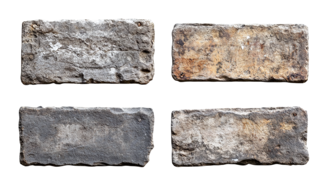 Set of old stone sign plates, cut out. Isolated on a transparent background.