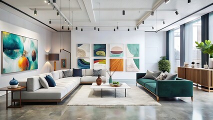 Close-up of a modern living room with abstract paintings and stylish decor