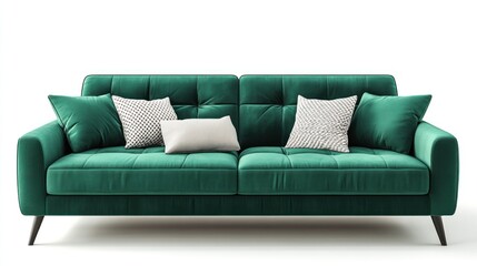 Fototapeta premium Teal Velvet Sofa with Cushions in White Room
