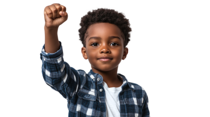 African american kid with his fist raised, cut out. black history month concept. Isolated on a transparent background.