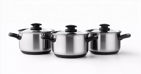 A sleek and modern stainless steel cookware set featuring three pots with black handles and glass lids