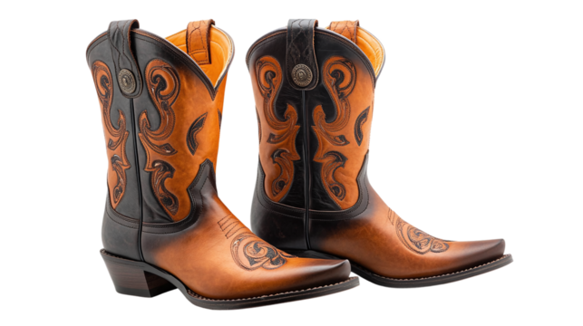 Cowboy leather boots and a hat, cut out. Isolated on a transparent background.