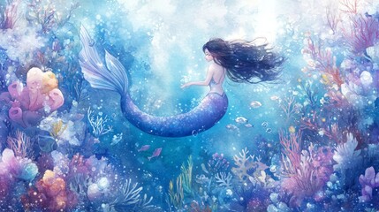 Mermaid swimming in a mystical undersea world watercolor illustration dreamy environment vibrant colors fantasy concept