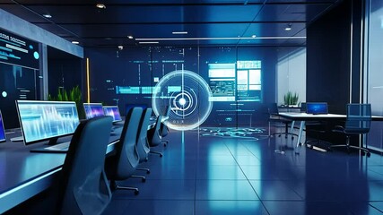 Futuristic office space with advanced technology interface and data visualization