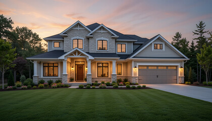 Fototapeta premium Luxury Modern House with Beautiful Landscape at Sunset – Real Estate Dream Home