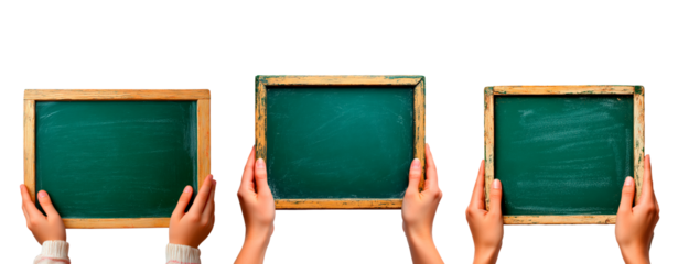 Set of hands with blank green chalkboard isolated on transparent background