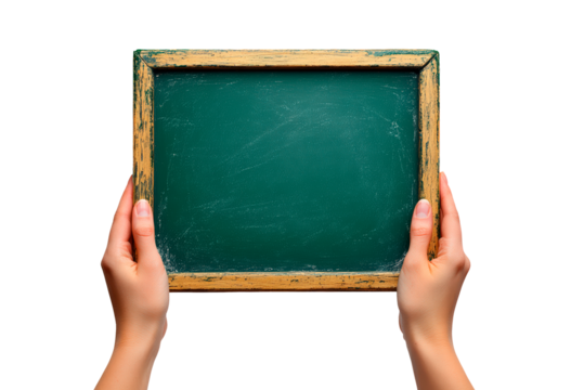 Hands with blank green chalkboard isolated on transparent background