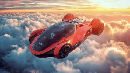 The red flying car soared through the sky, leaving a trail of excitement in its wake.