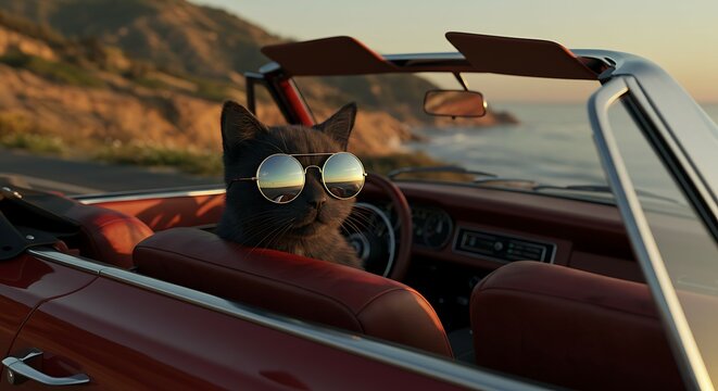 Cat Driving Convertible Car Wearing Sunglasses on Coastal Road Trip