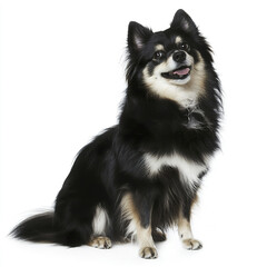 fluffy Finnish Lapphund sits with warm expression