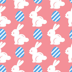 Easter seamless pattern with white rabbits and blue eggs on a pale pink background. Pastel pattern with lovely Easter bunnies. Cute background for Easter greeting cards, baby textiles, wallpapers