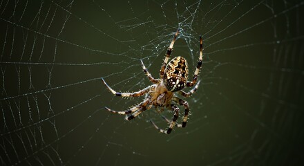 Garden Spider Weaving Web Orb in Dark Environment Macro Shot