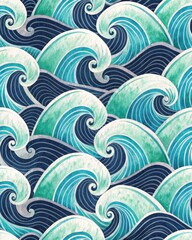seamless pattern watercolor Japanese waves concept. Colorful waves create a dynamic pattern in shades of green and blue.