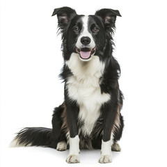 Fototapeta premium Border Collie sits on white background, looking happy