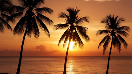 A panoramic depiction of a tropical sunset, highlighted by the silhouette of palm trees