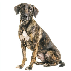 Obraz premium lively Plott Hound sitting with perked ears on white background