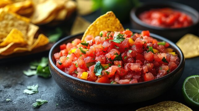 Delicious, vibrant salsa in a bowl with tortilla chips.  Fresh, chunky salsa with vibrant colors