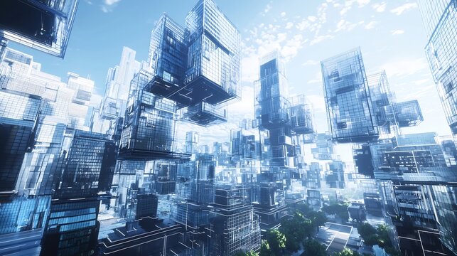 Futuristic tech inspired urban environment where skyscrapers take the form of stacked cubes blending modernism with digital art aesthetics