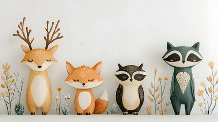 Fototapeta premium Whimsical Animal Figurines in Nature-Themed Floral Setting