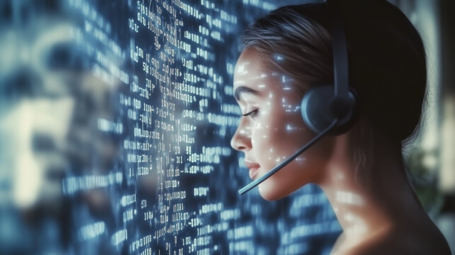 female call center agent and an AI assistant displayed on a floating holographic screen, collaborating on customer service