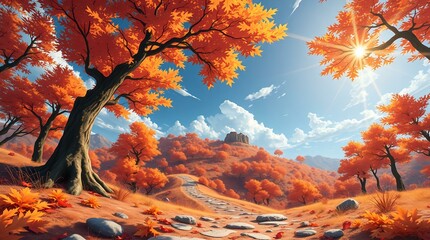 Autumnal Pathway: A Digital Painting of a Sunlit Hillside Trail