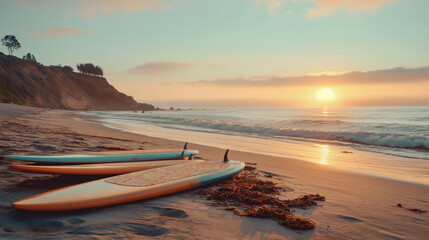 A rendering of surfboards in the sand. Useful for anything related to travel, holiday, leisure, surfing, vacation and relaxation.