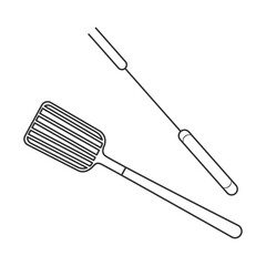 Minimalist black and white illustration of camping utensils: spatula and long frying fork. Ideal for camping, outdoor cooking, barbecue, picnics and adventure designs.