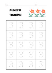 Introduce your child to the 3 Number Tracing Worksheet & Coloring Page a fun and educational printable designed for toddlers, preschoolers, and kindergarten learners.