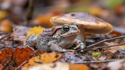 Frog Camouflaged Among Autumn Leaves and Mushroom in Forest Floor