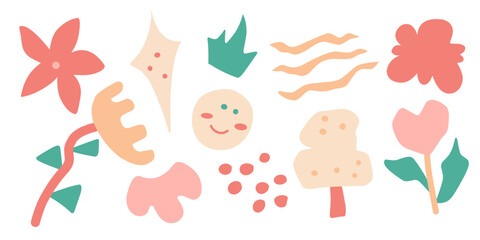 Set of playful abstract doodle shapes sticker pack in childish style. colorful flat hand drawn funky figures for kid with floral clipart, leaves, flowers, lines and stars. Element vector illustration.
