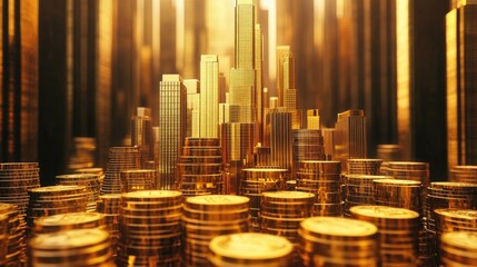 Golden Cityscape with Coins and Skyscrapers Illustrating Wealth and Prosperity in an Urban Environment