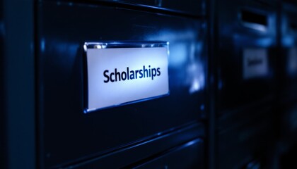 Scholarships Tag in Filing Cabinet, Organized Financial Aid Sources for College, Blue-Toned Theme