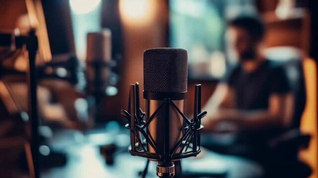 Recording a podcast in a cozy studio with a microphone setup and a person working in the background