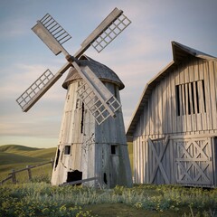 Old abandoned windmill with a barn, agriculture concept, 3d rendering