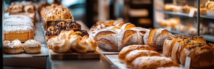 Artisanal breads and pastries on display in a modern bakery, enticing with their fresh and golden-brown crusts. © Photique