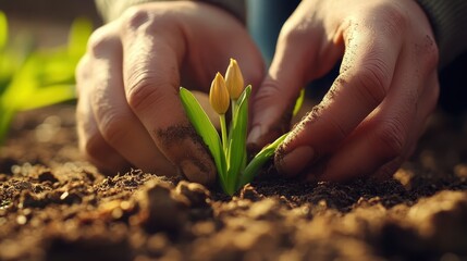 Hands Planting Beautiful Yellow Flowers in Fresh Garden Soil