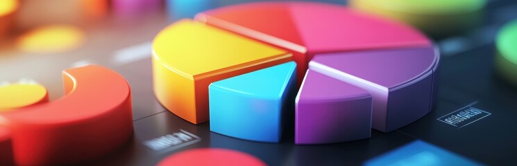 Colorful 3D pie charts showcasing data visualization on a dark background.