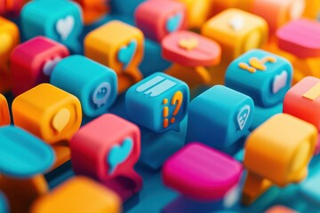 Colorful 3D icons showcase dynamic social media engagement, evoking a vibrant, interactive digital experience.